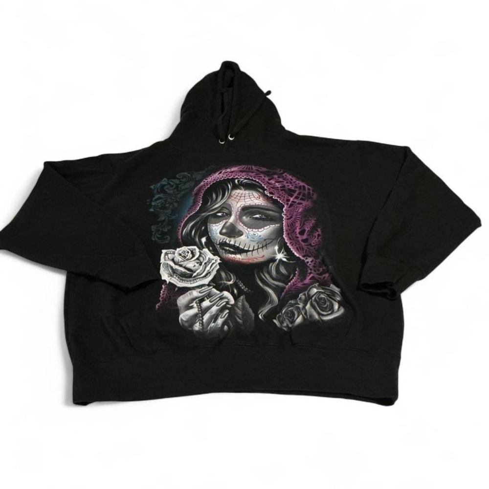 Day of the Dead Sugar Skull Hoodie Womens Large Black Graphic
